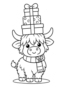 Free printable Cute Highland Cow Balancing Christmas Gifts coloring page
