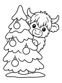 A sweet christmas cow coloring page showing a fluffy calf behind a tree.