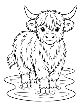 A fluffy young highland cow standing in water features in this cow coloring page.