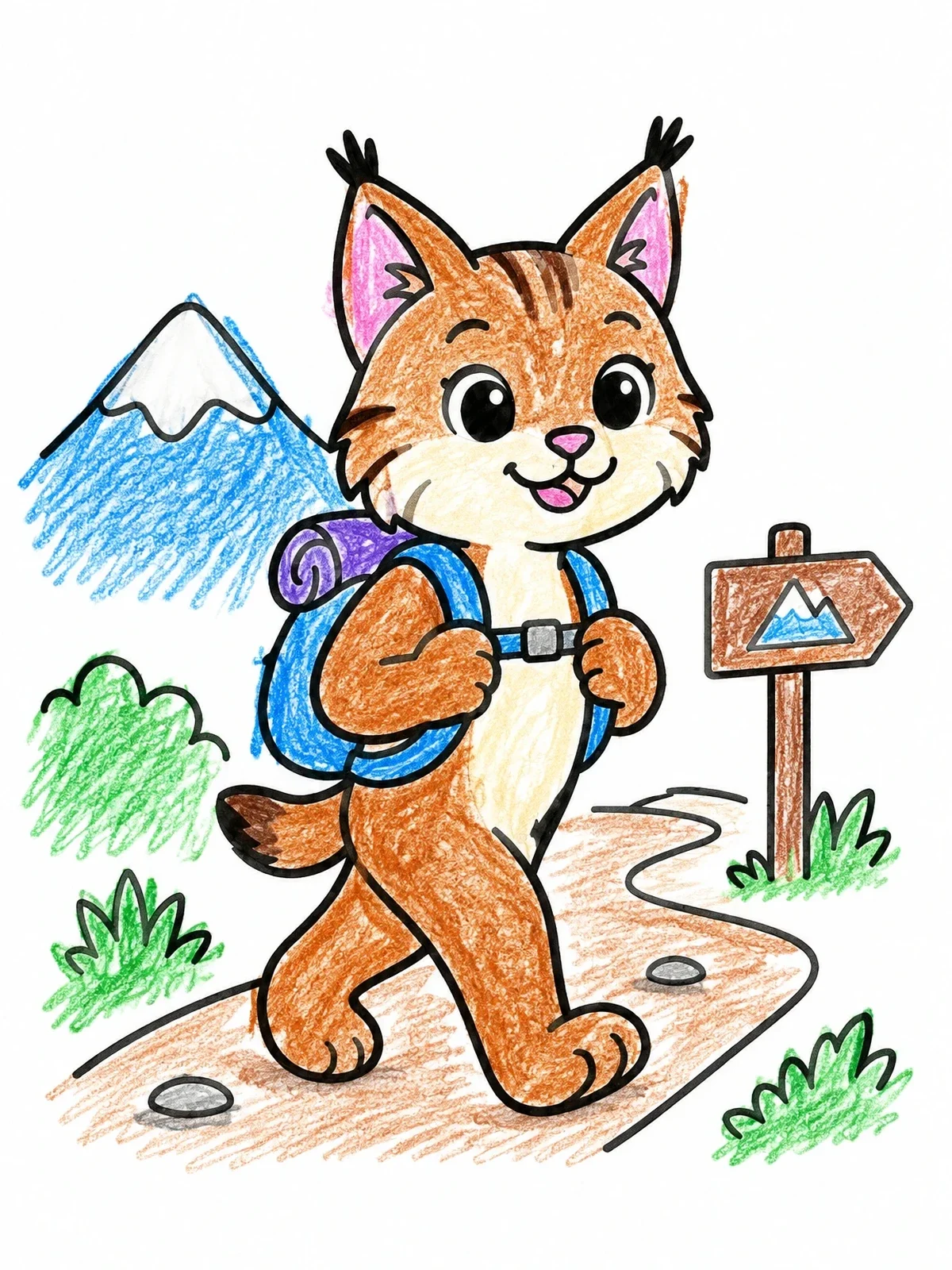 Colored example of the Cute Hiking Bobcat On Trail coloring page