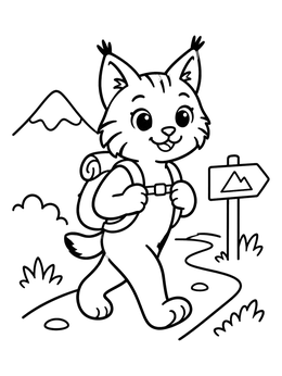 A cheerful bobcat coloring page featuring a hiker cub with a backpack on a mountain trail.