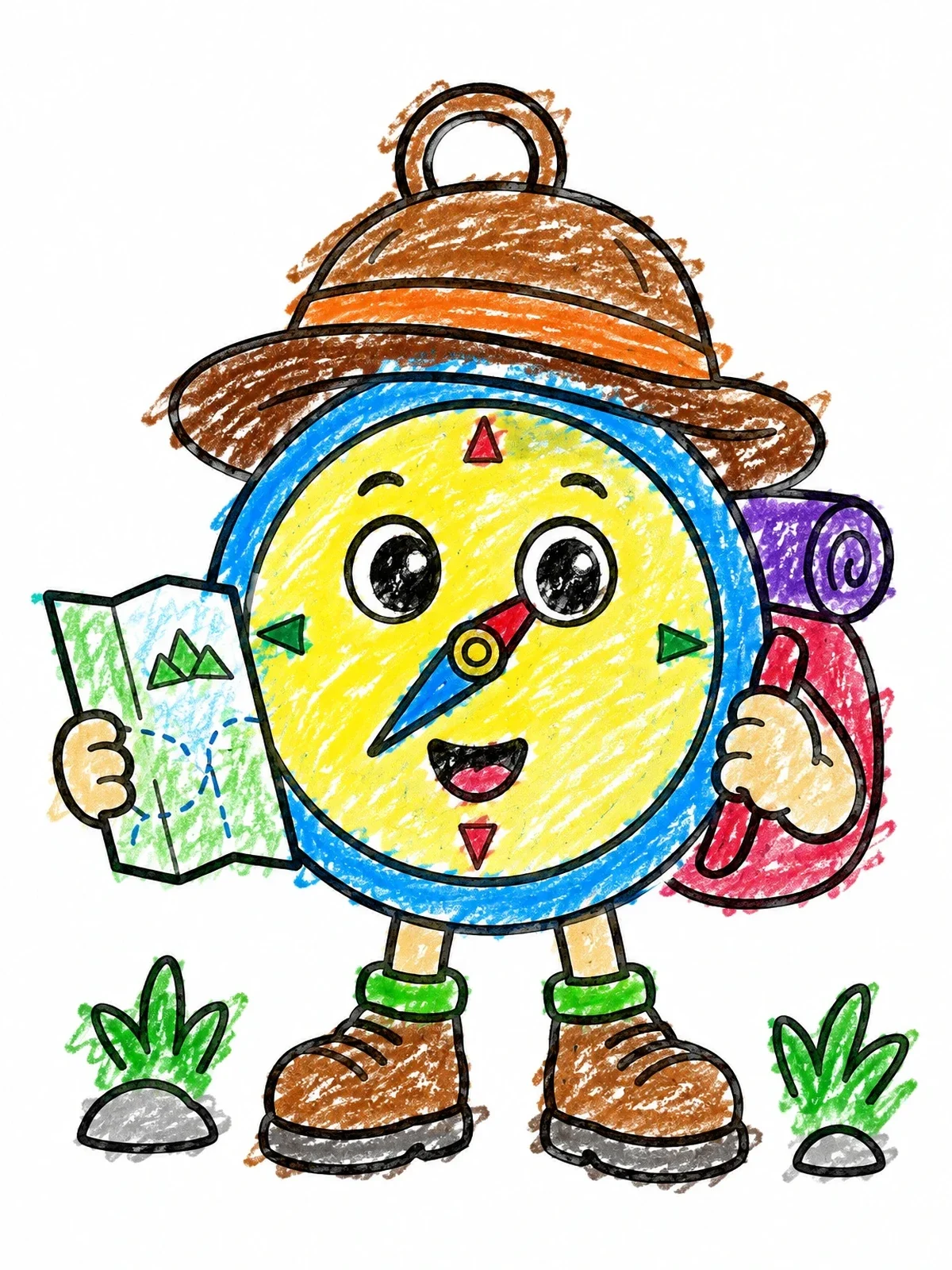 Colored example of the Cute Hiking Compass With Map coloring page