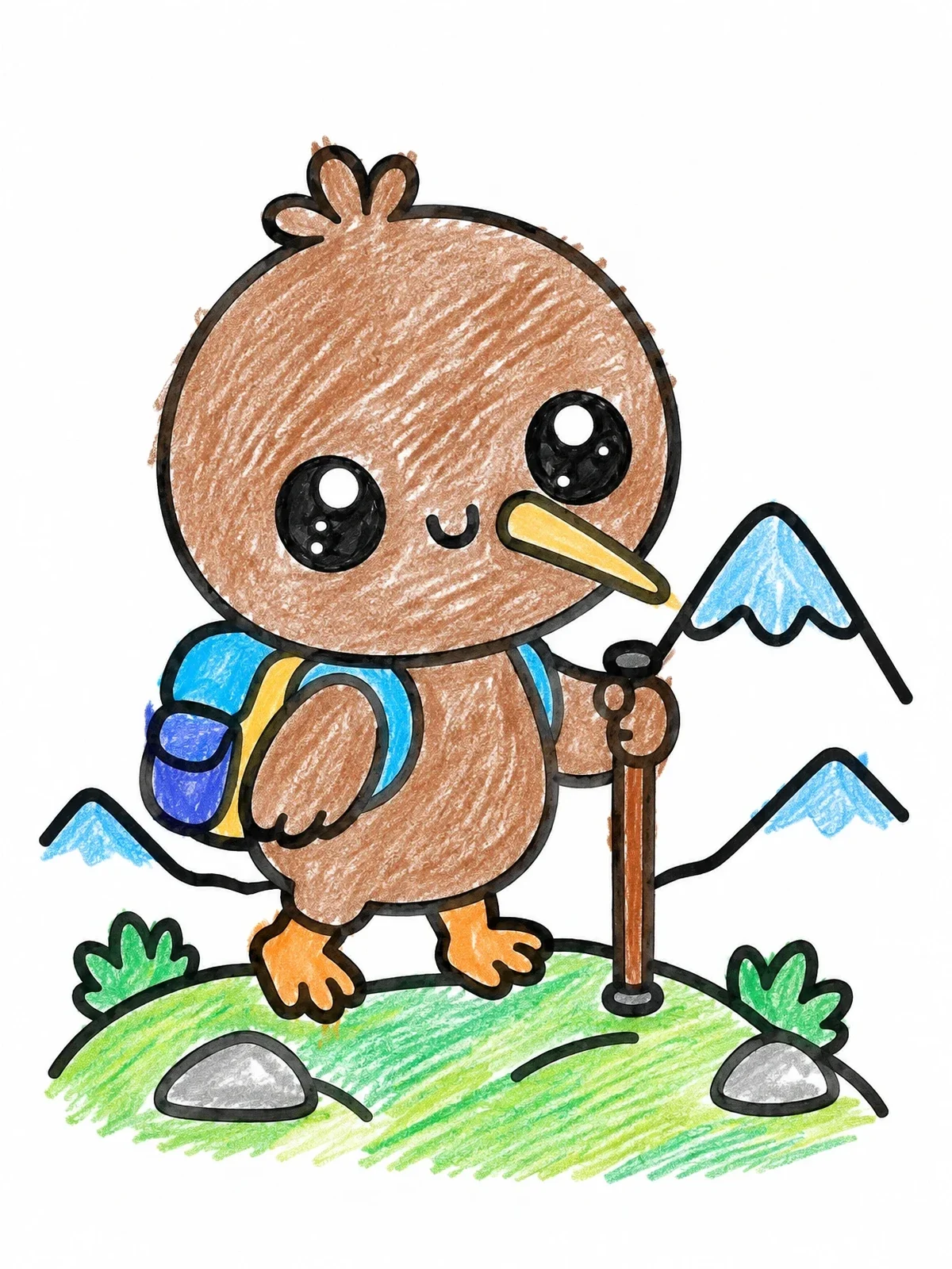 Colored example of the Cute Hiking Kiwi Bird coloring page