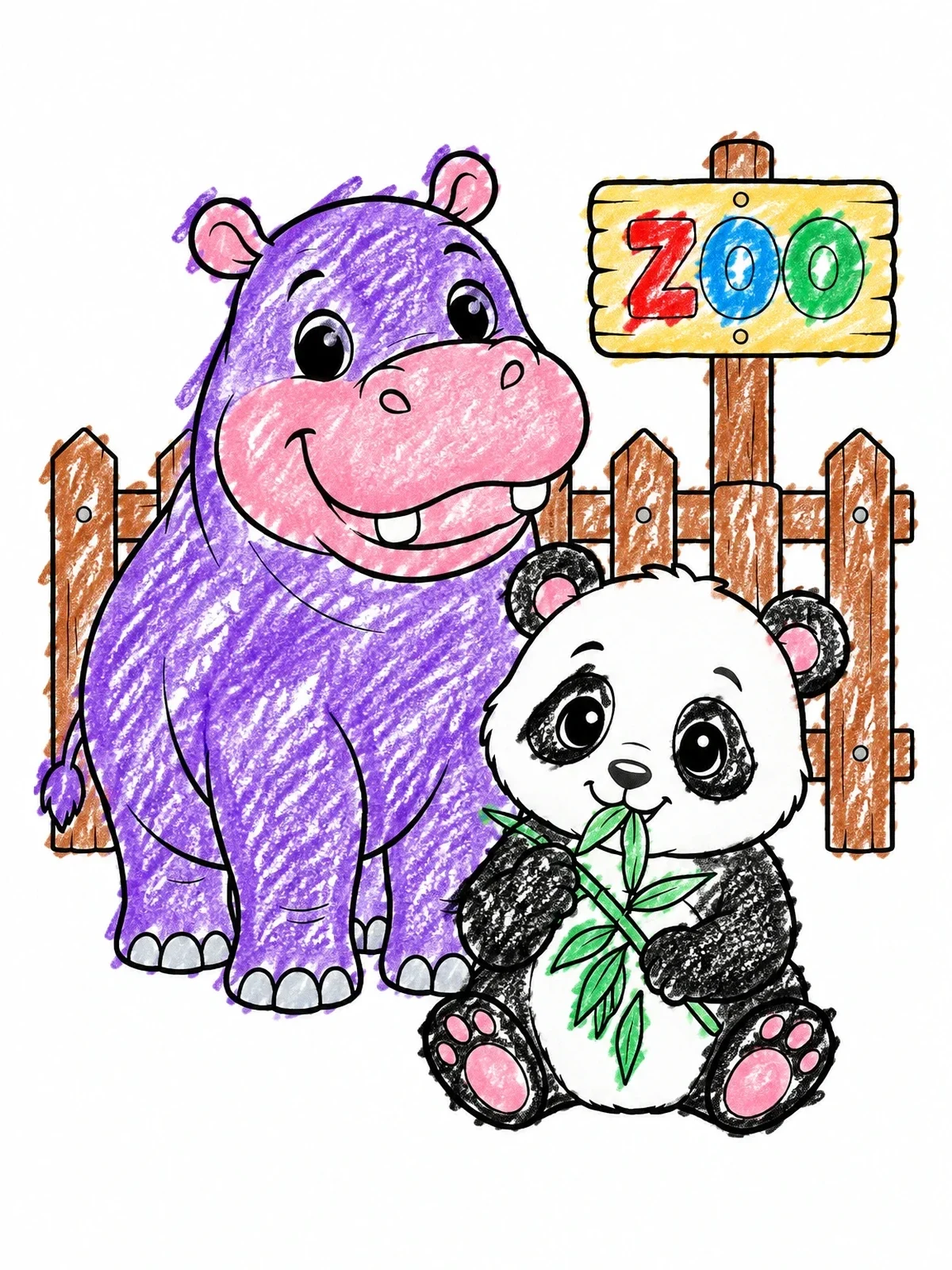 Colored example of the Cute Hippo And Baby Panda At The Zoo coloring page