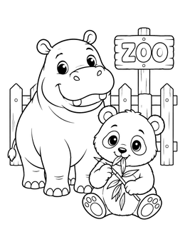A friendly hippo and baby panda together on this zoo coloring page.