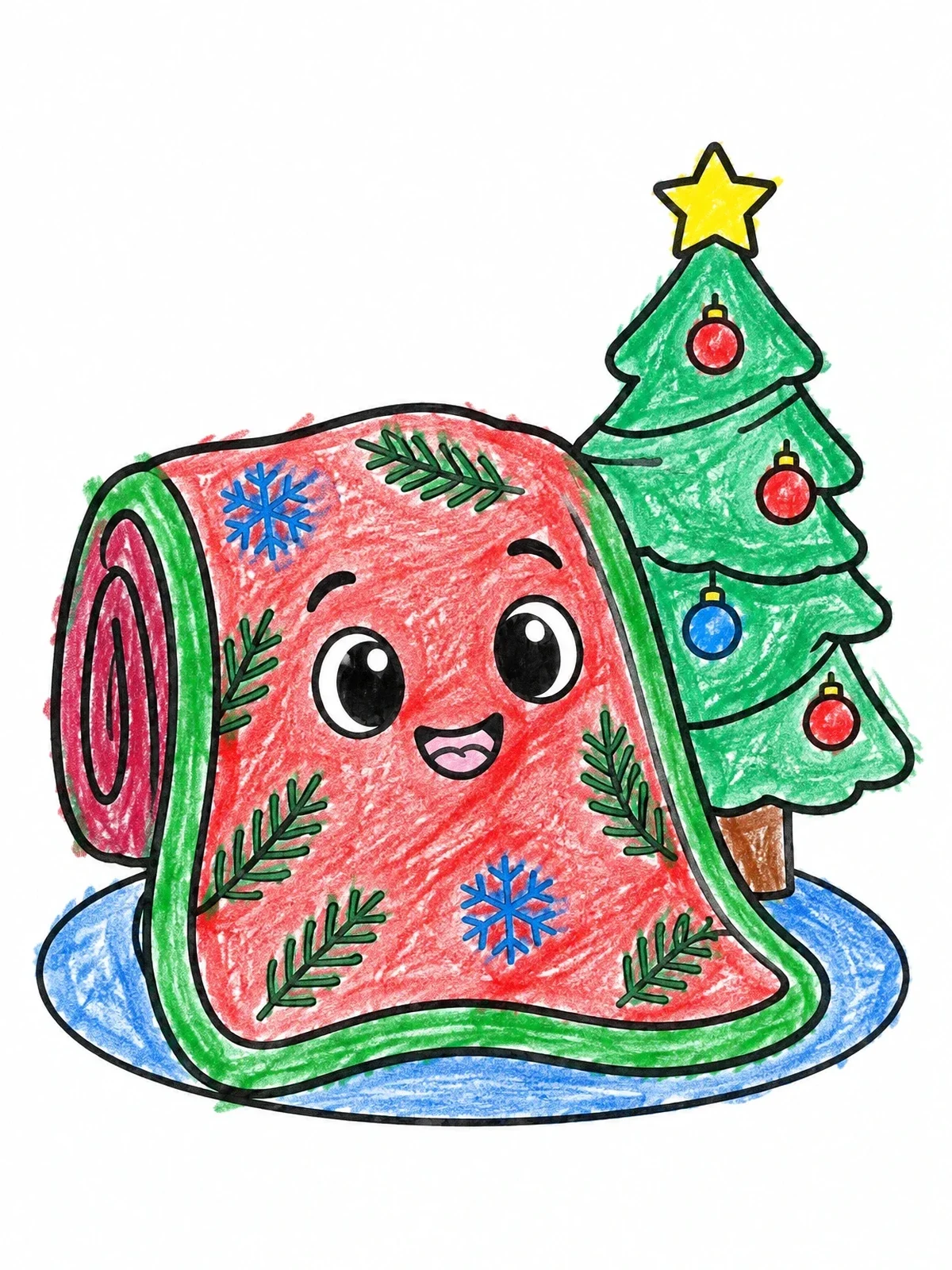 Colored example of the Cute Holiday Blanket By Christmas Tree coloring page