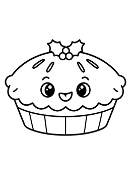 A smiling holiday pie coloring page topped with decorative holly leaves and berries.