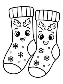 A pair of cheerful socks coloring page with reindeer faces and snowflakes.