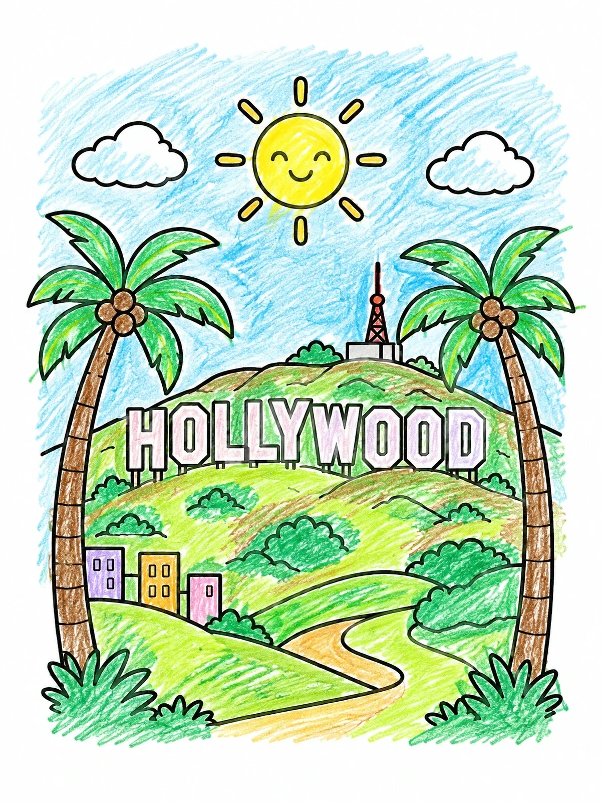 Colored example of the Sunny Hollywood Sign In Los Angeles coloring page