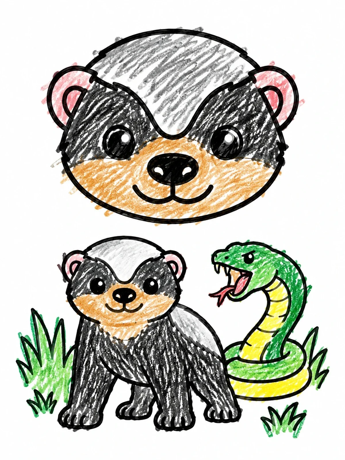 Colored example of the Cute Honey Badger And Hissing Snake coloring page