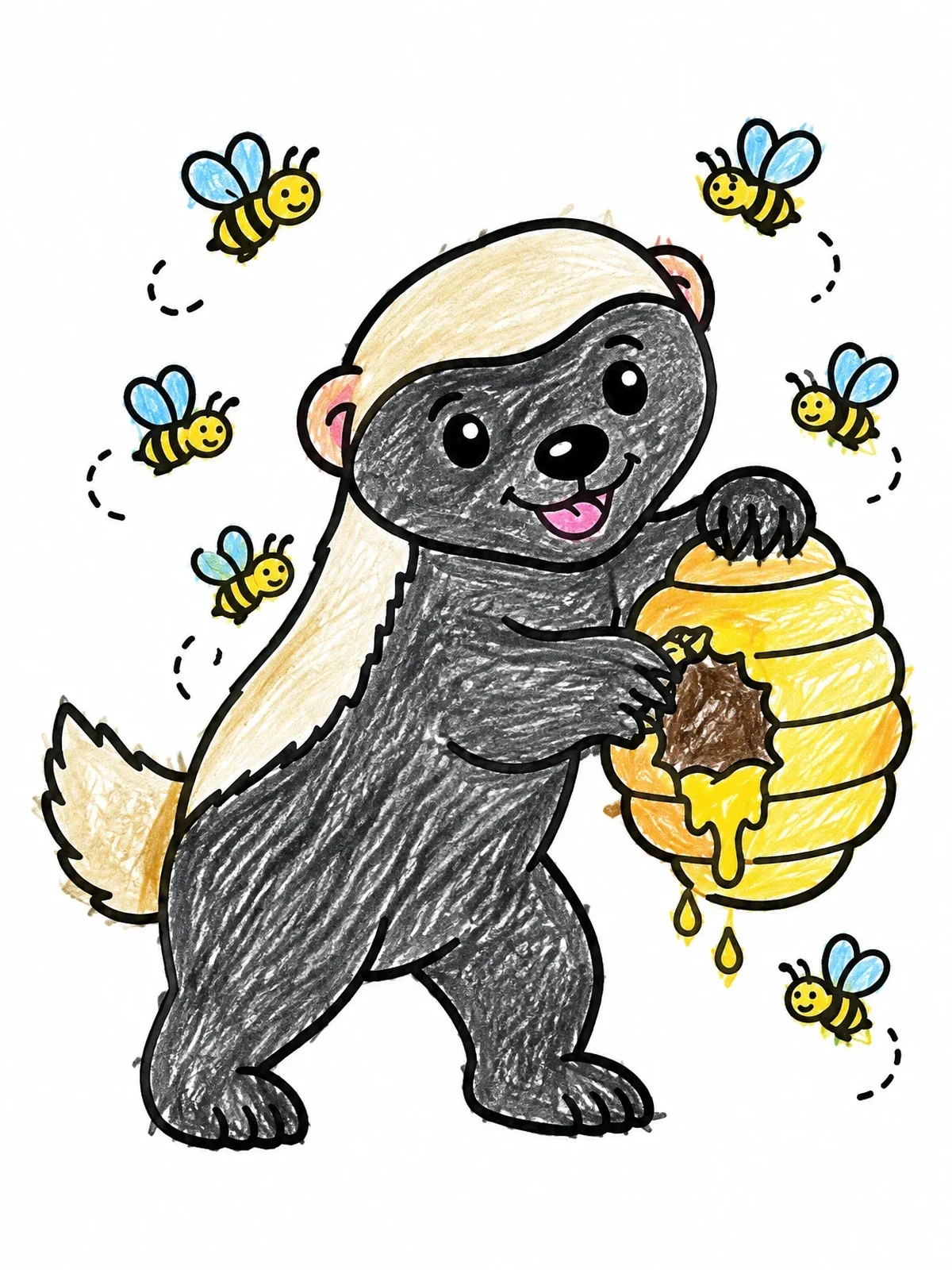 Colored example of the Cute Honey Badger And Beehive coloring page