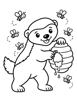 Free printable Cute Honey Badger And Beehive coloring page