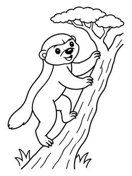 A cheerful cartoon honey badger climbing an acacia tree in this badger coloring page.