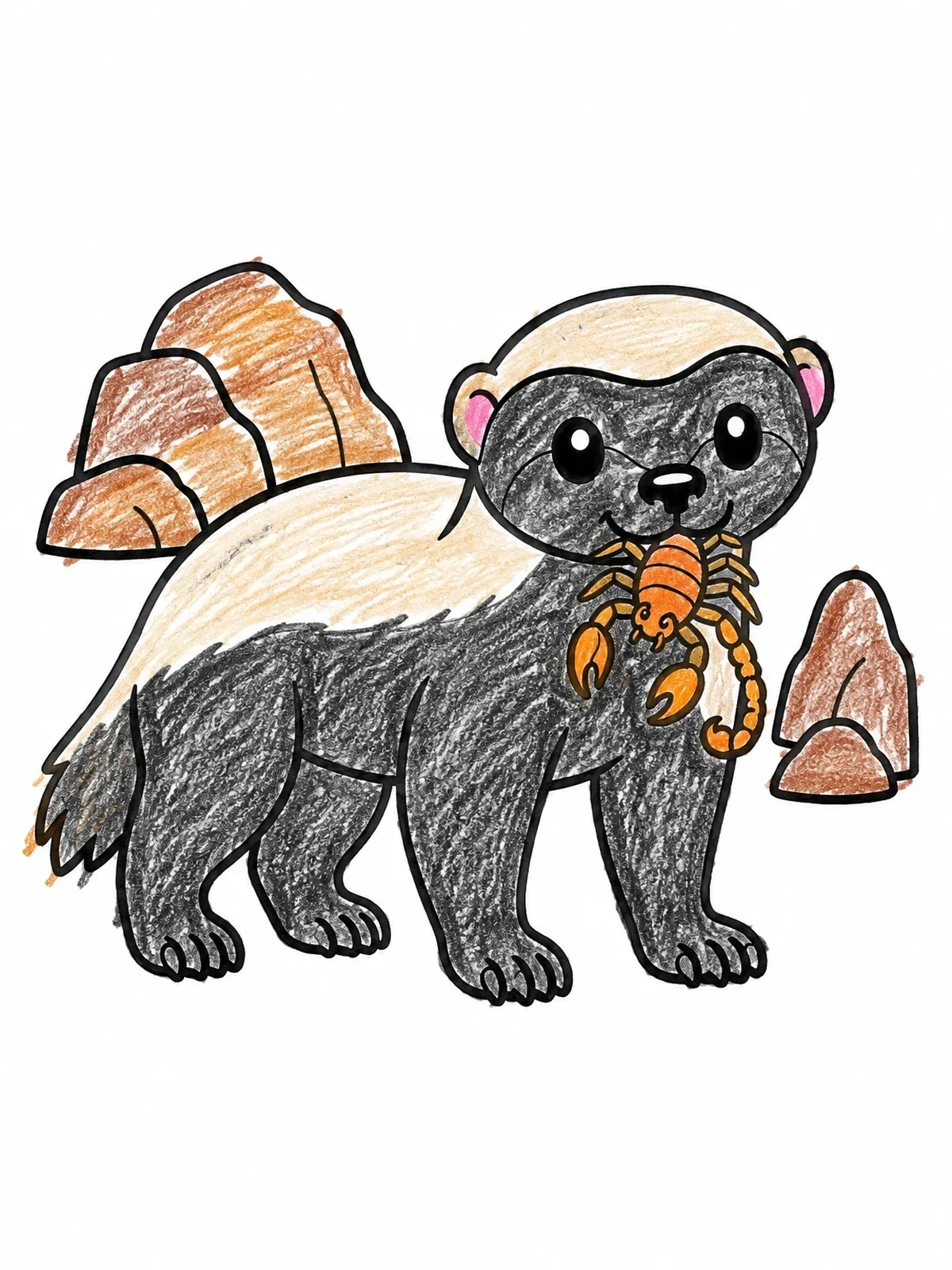 Colored example of the Cute Honey Badger With Scorpion coloring page