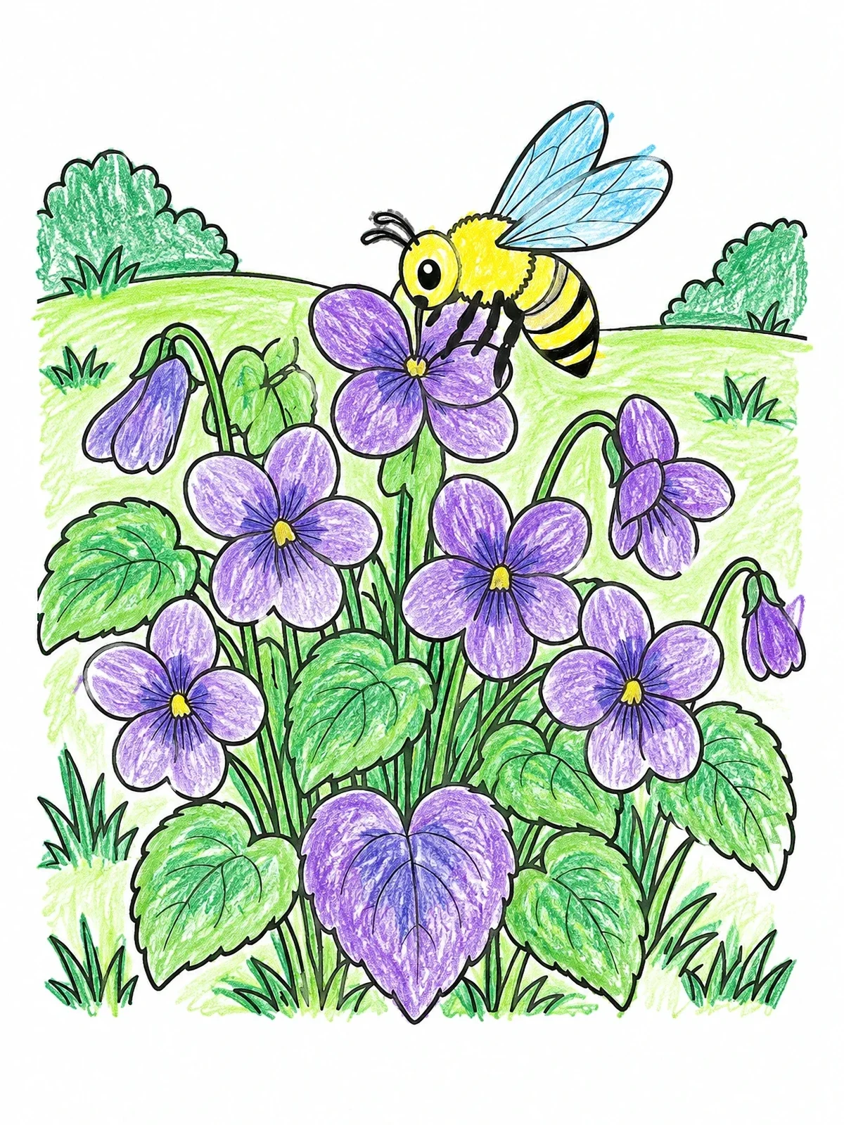 Colored example of the Cute Honeybee On Wild Violets coloring page
