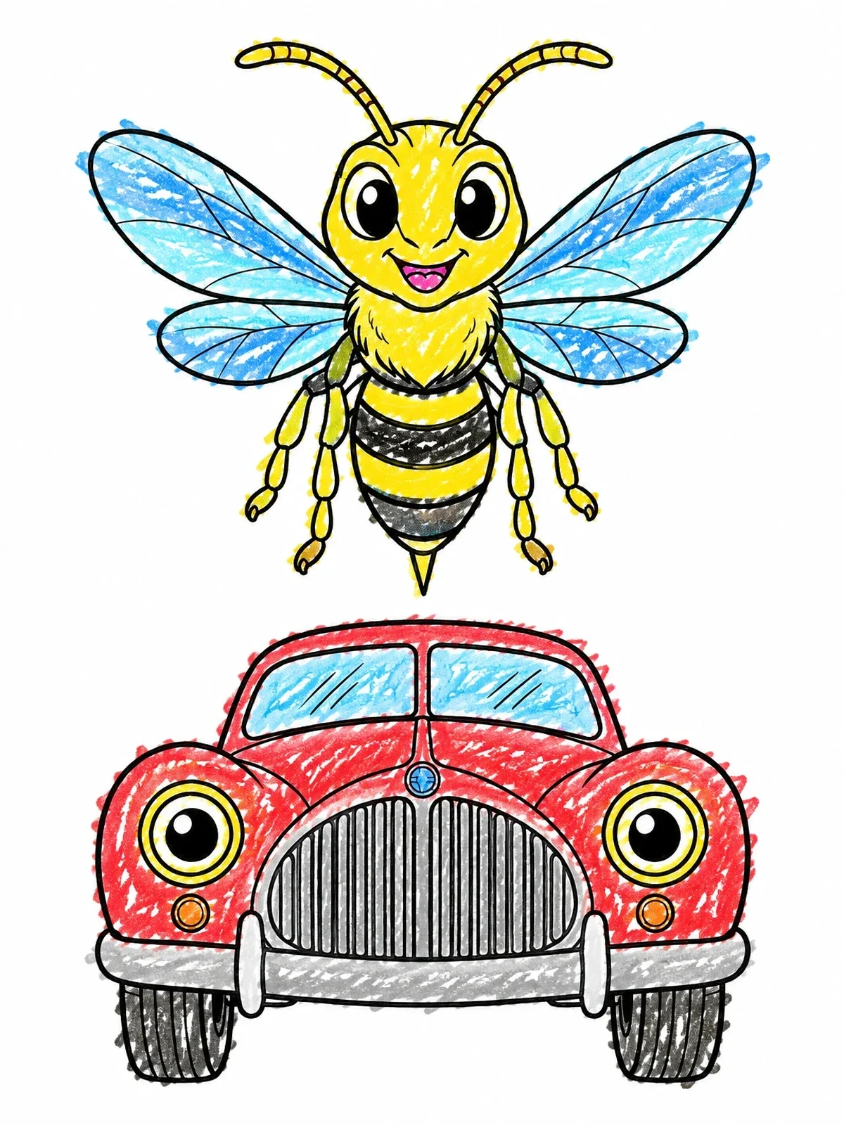 Colored example of the Cute Hornet Flying Over Vintage Car coloring page