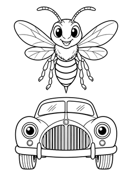 Free printable Cute Hornet Flying Over Vintage Car coloring page