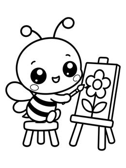 A cute hornet coloring page with a tiny insect painting a flower on an easel.