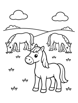 A friendly pony stands in a field in this cute horse coloring page with grazing companions.