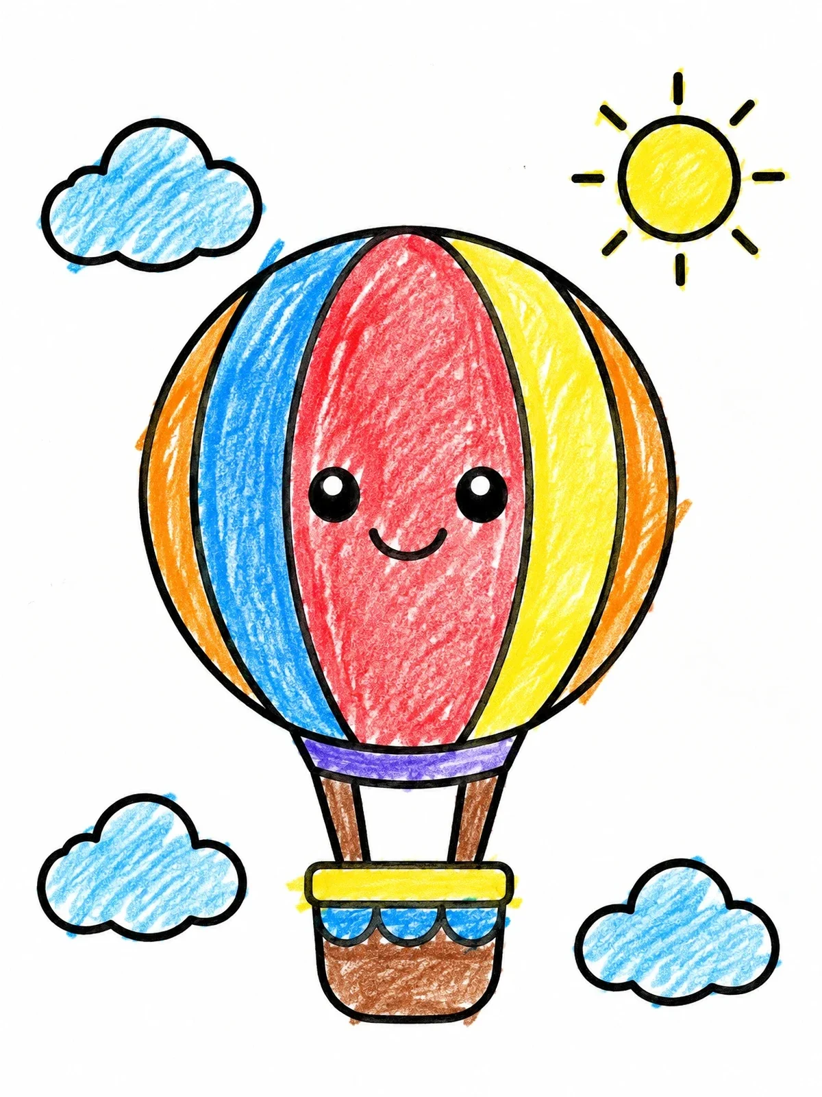 Colored example of the Cute Hot Air Balloon In Sky coloring page