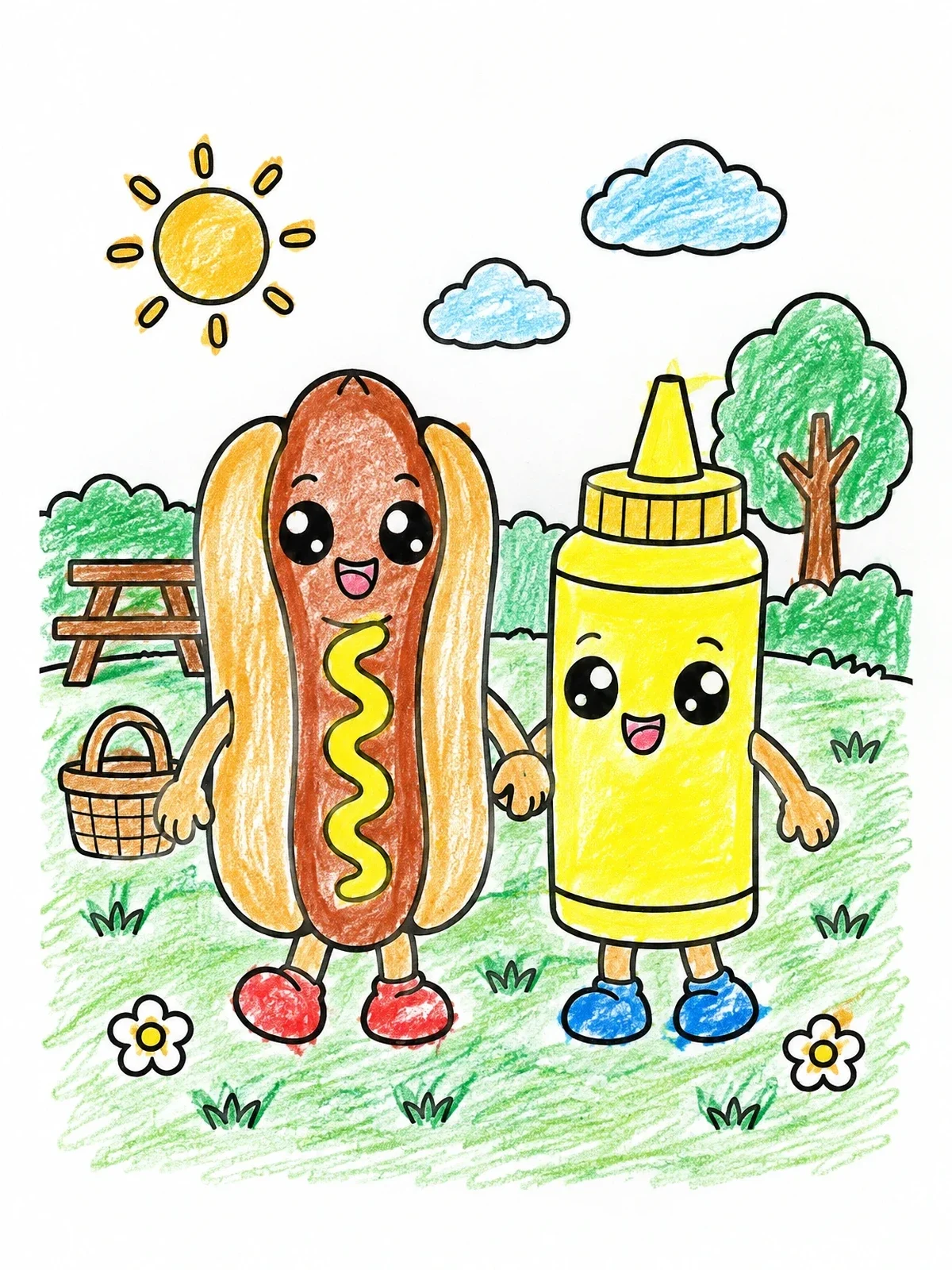 Colored example of the Cute Hot Dog And Mustard Bottle coloring page