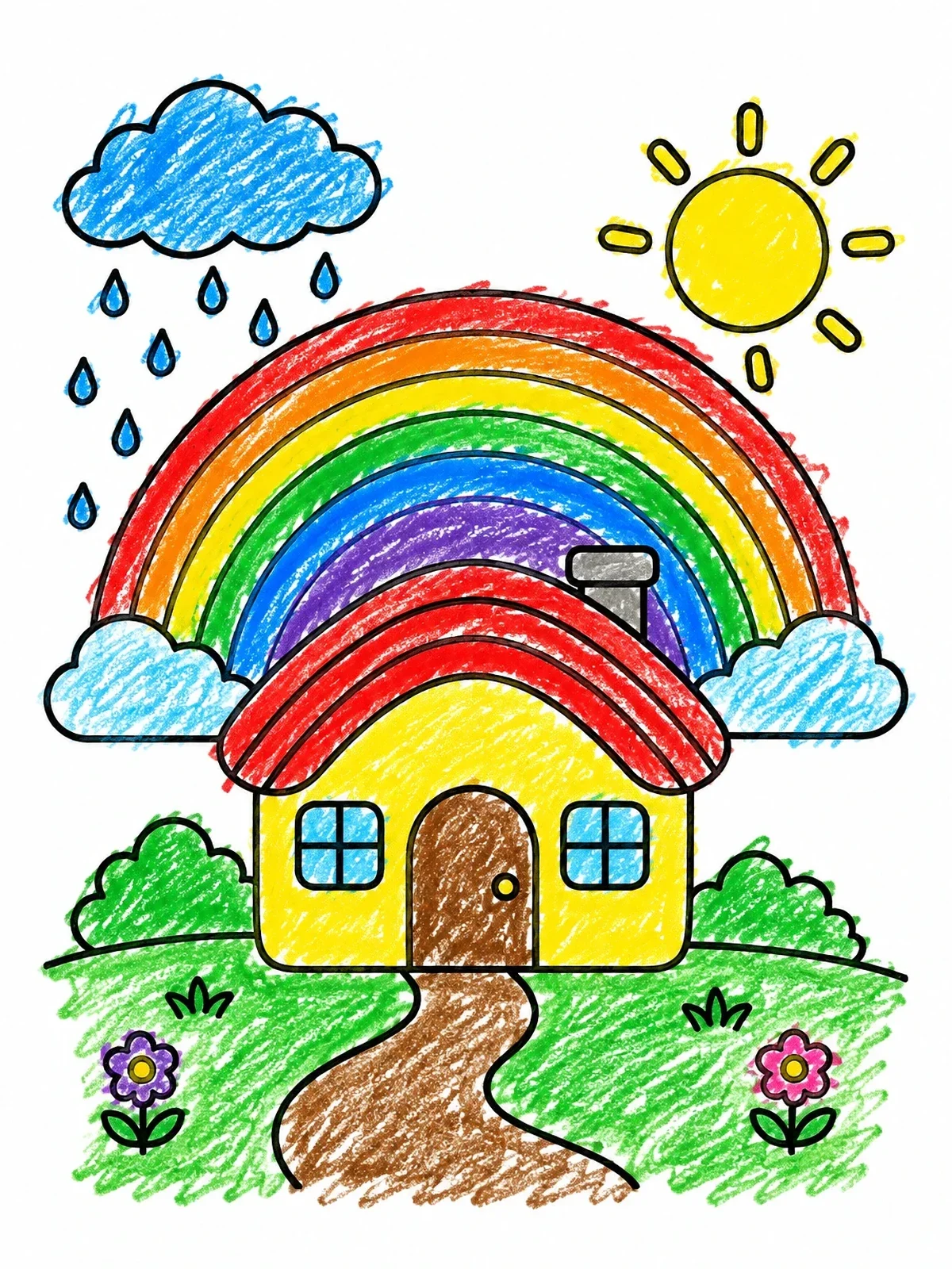Colored example of the Cute House With Rainbow And Sun coloring page