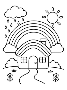 Free printable Cute House With Rainbow And Sun coloring page