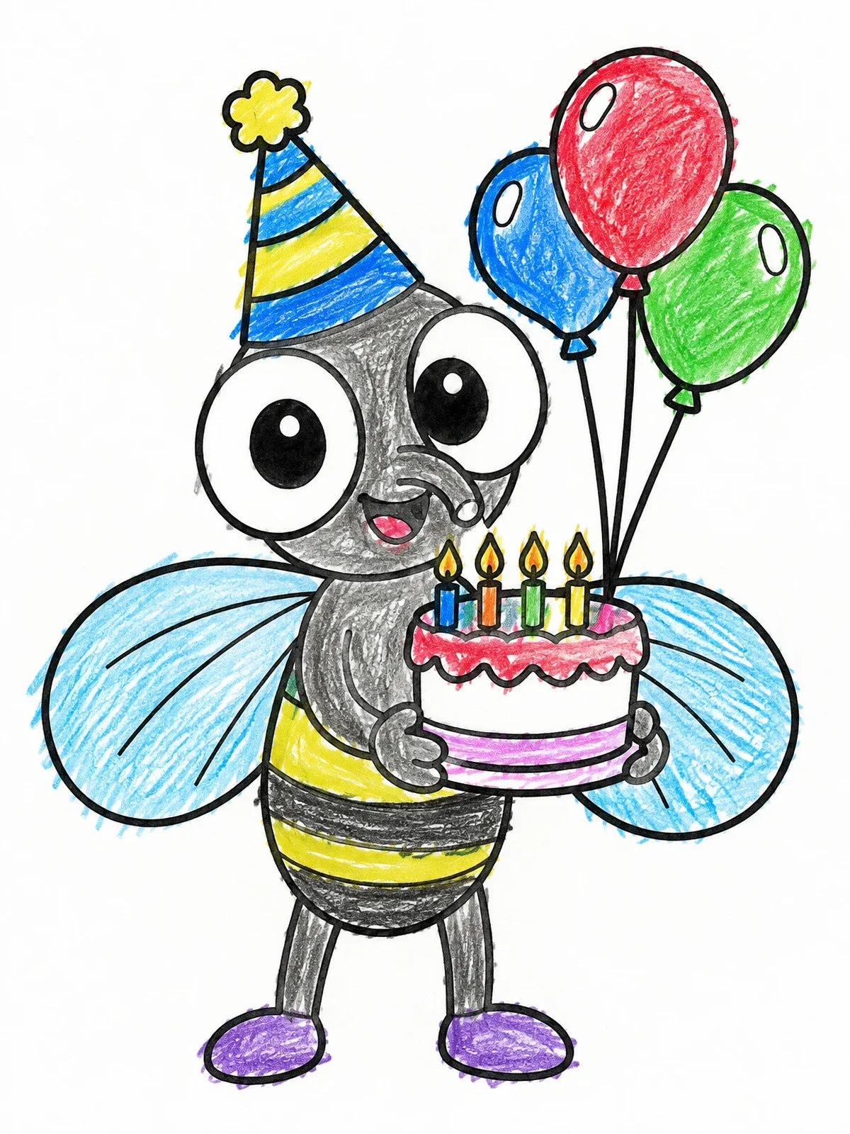 Colored example of the Cute Housefly Birthday Celebration coloring page