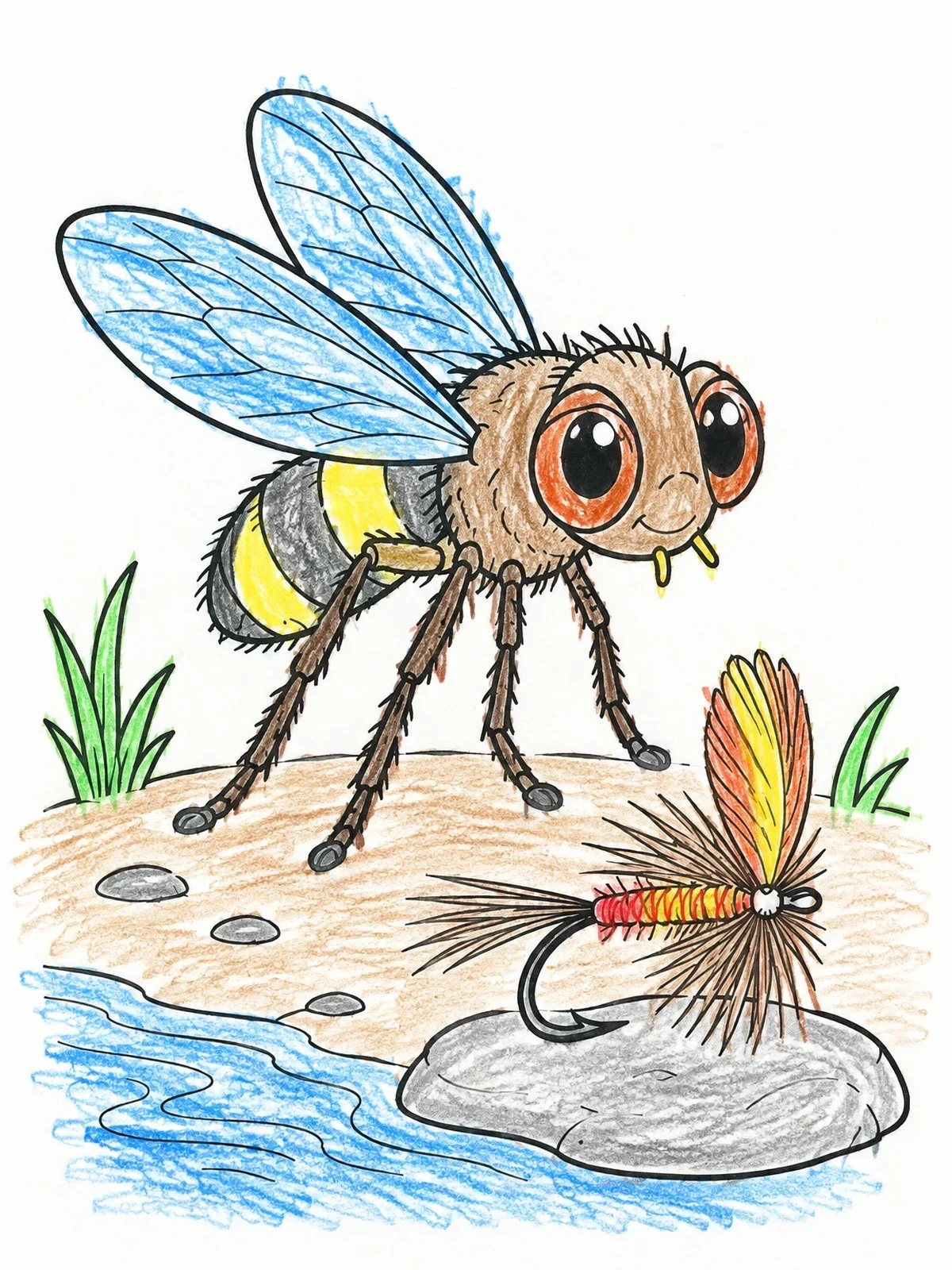 Colored example of the Cute Housefly And Fishing Fly Lure coloring page