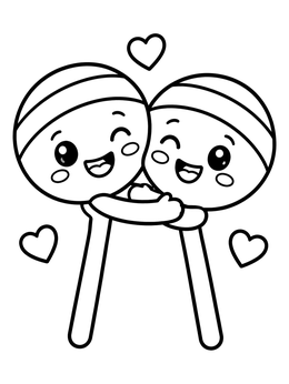Two smiling treats hug in this sweet lollipop coloring page with floating hearts.