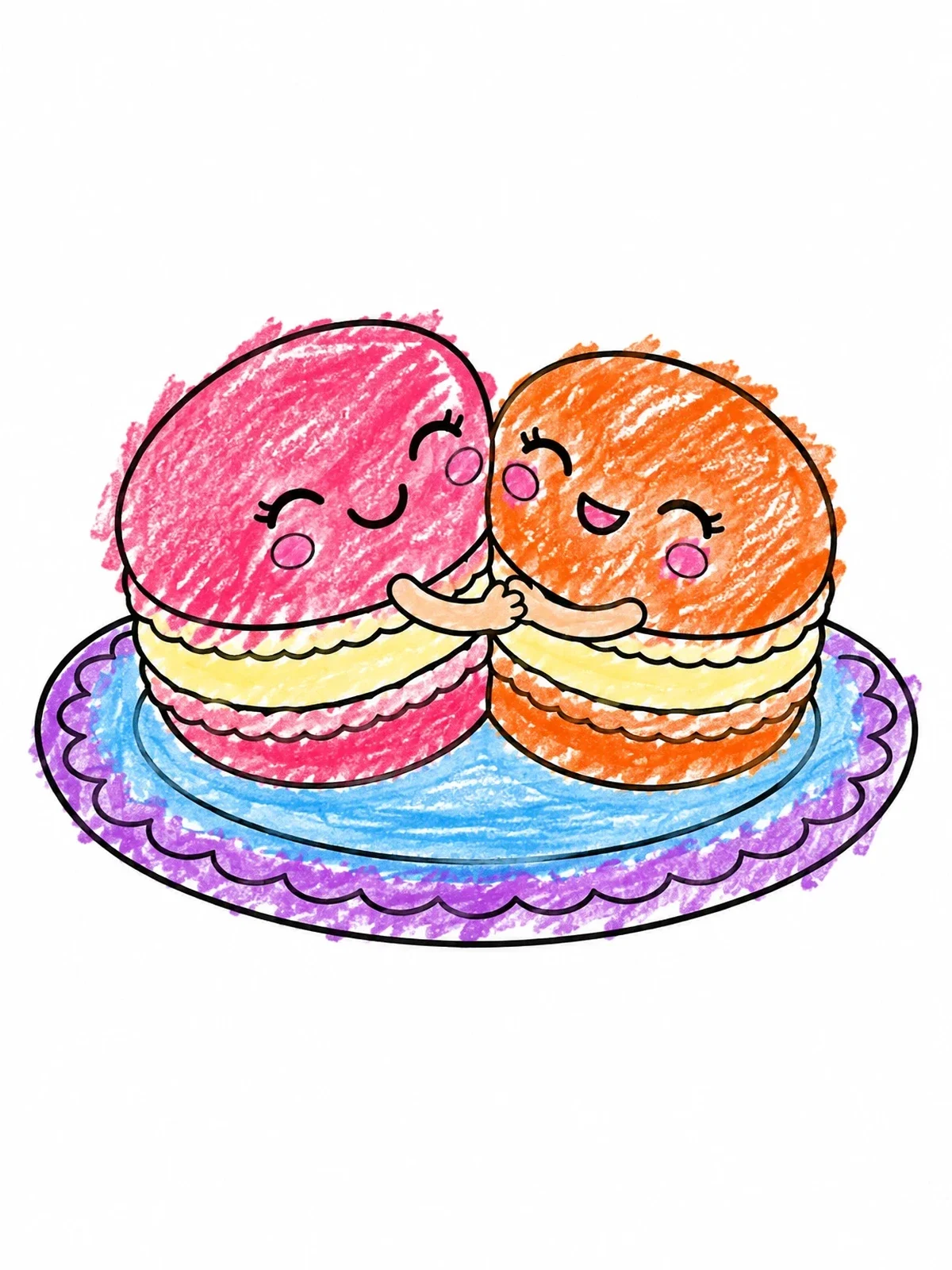 Colored example of the Cute Hugging Macarons On Plate coloring page