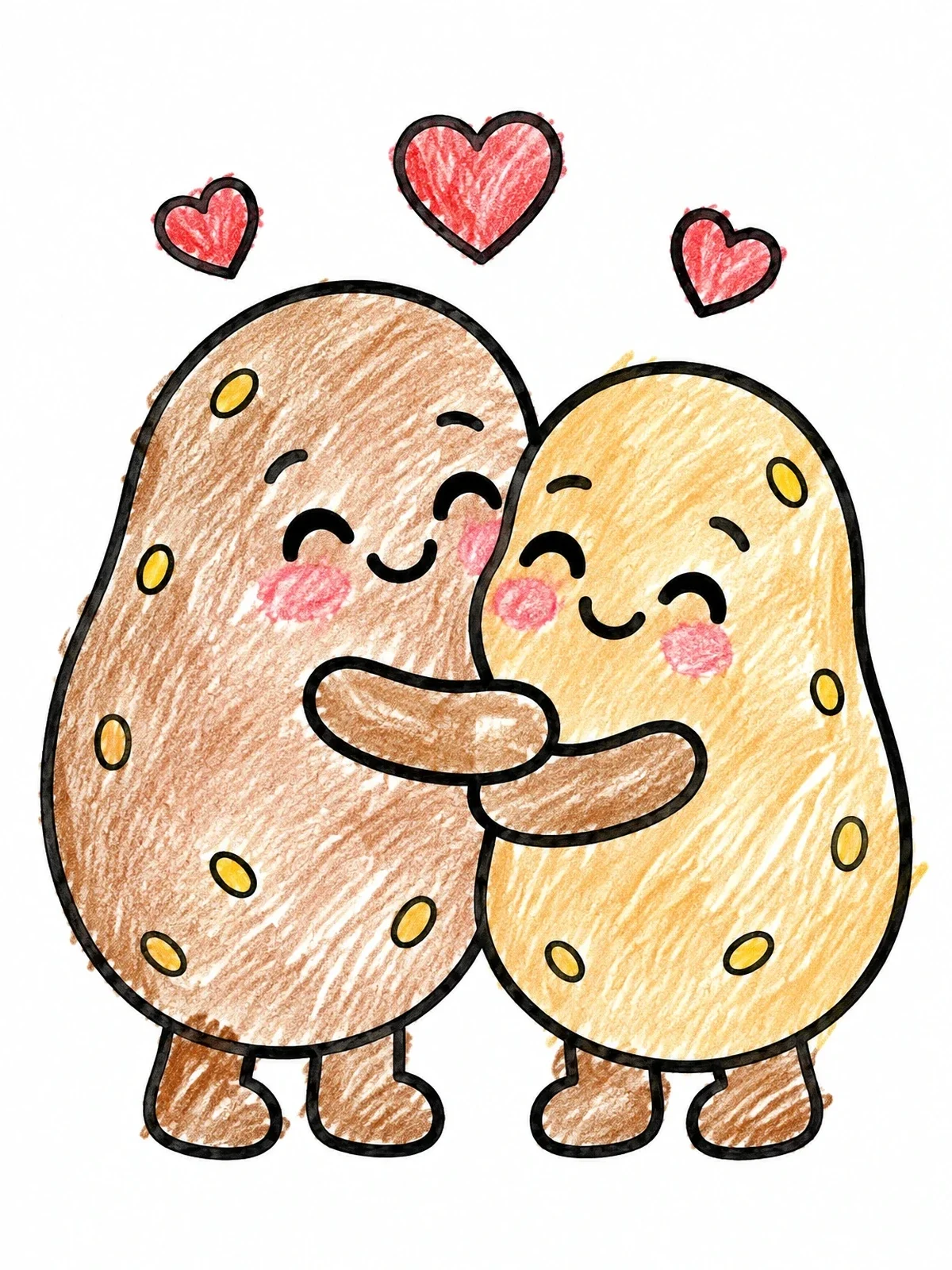 Colored example of the Cute Hugging Potatoes With Hearts coloring page