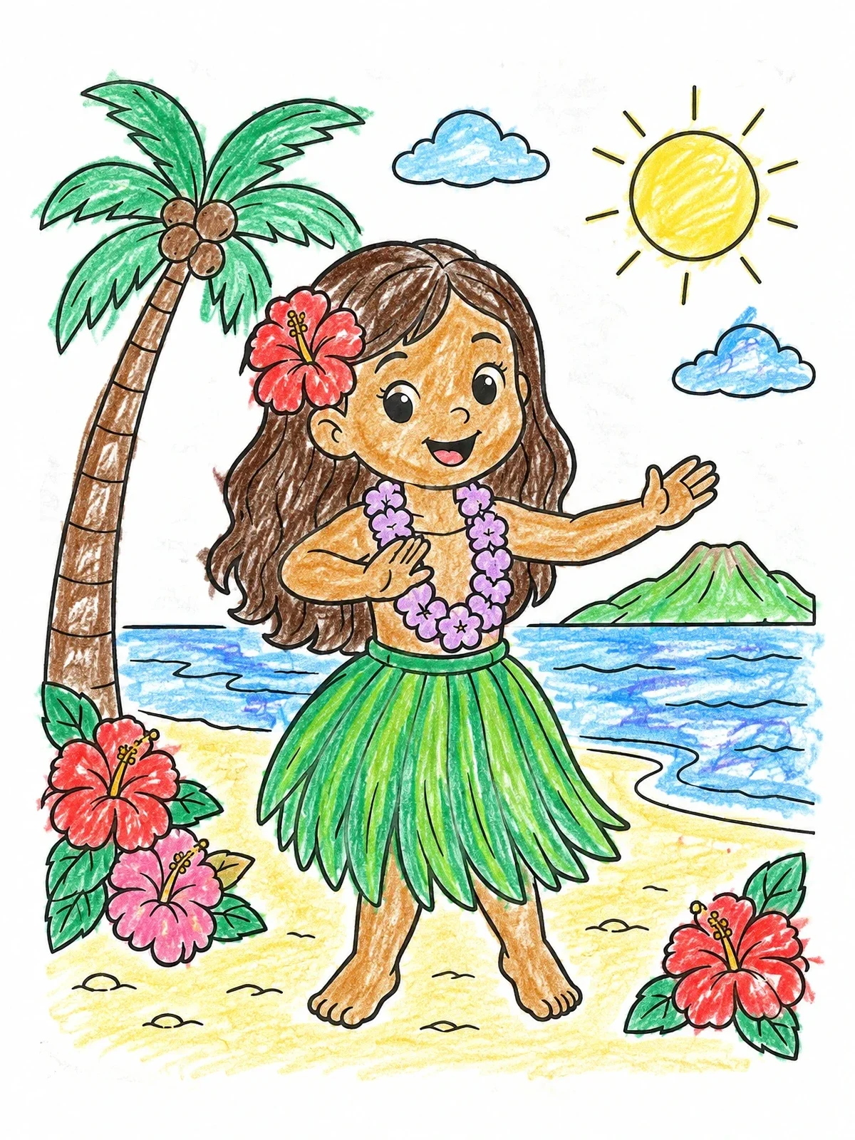Colored example of the Hula Dancer On Tropical Beach coloring page