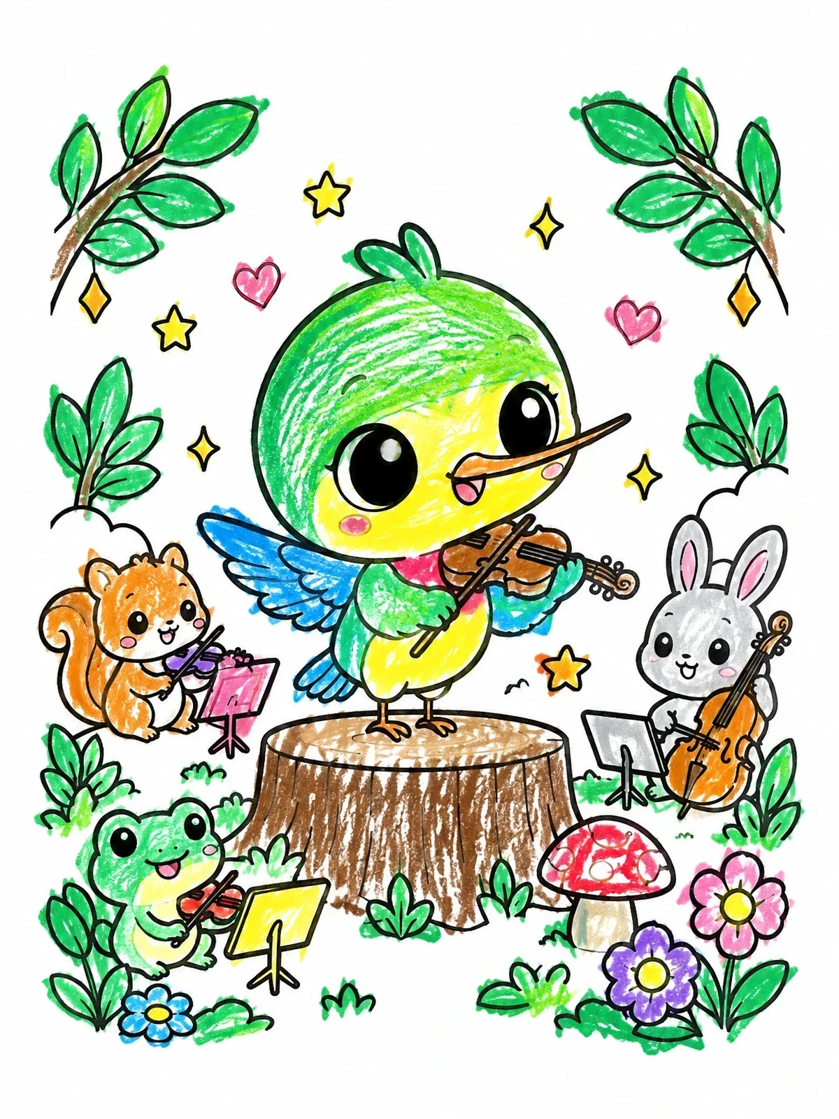 Colored example of the Cute Hummingbird Forest Orchestra coloring page