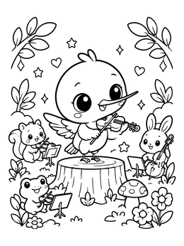 Free printable Cute Hummingbird Forest Orchestra coloring page