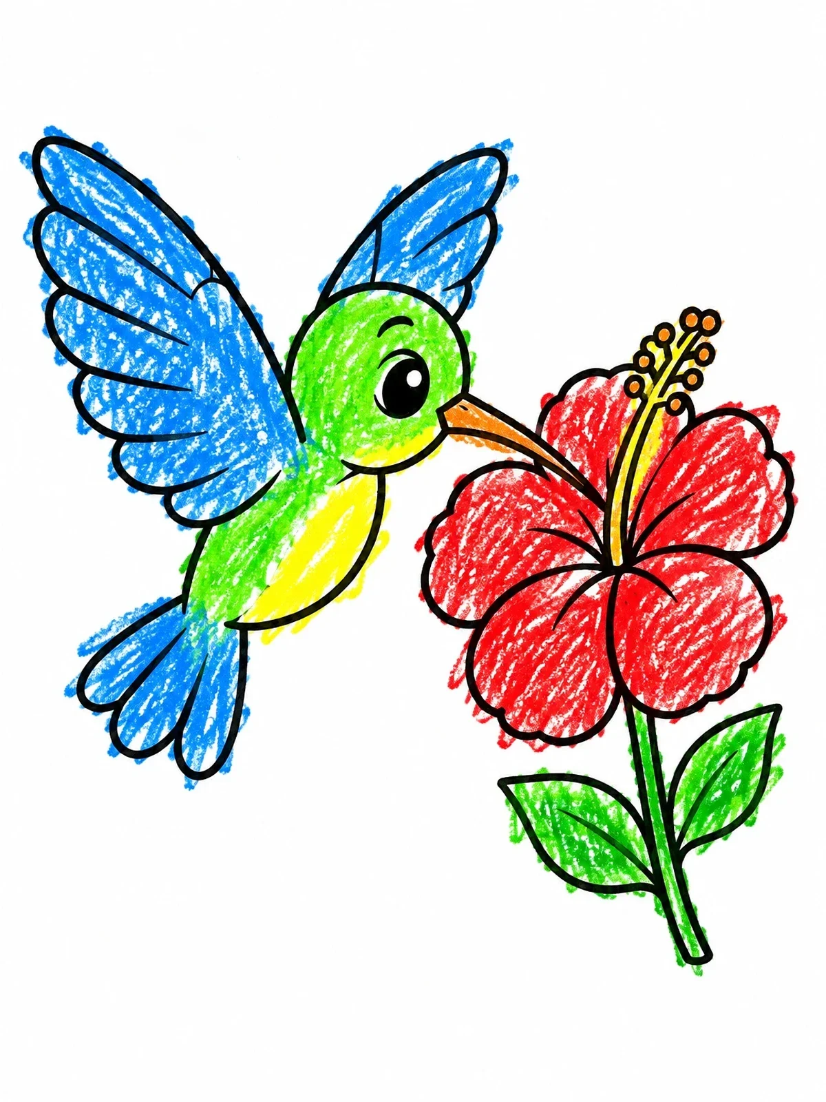 Colored example of the Cute Hummingbird And Hibiscus Flower coloring page