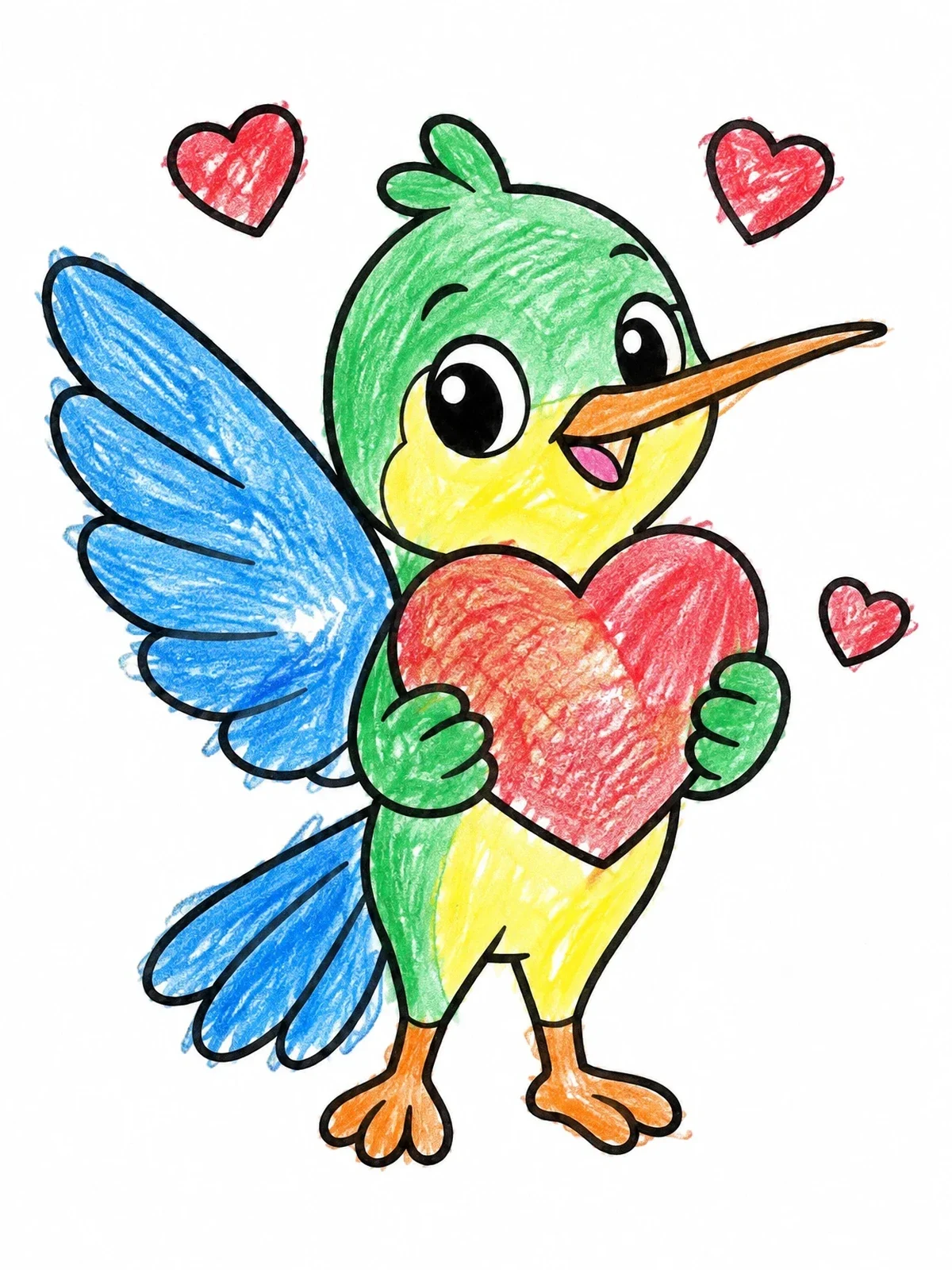 Colored example of the Cute Hummingbird Holding Valentine Heart coloring page
