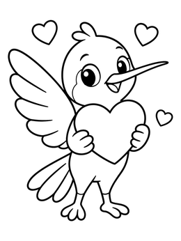 A sweet hummingbird coloring page showing a cartoon bird holding a heart surrounded by floating hearts.