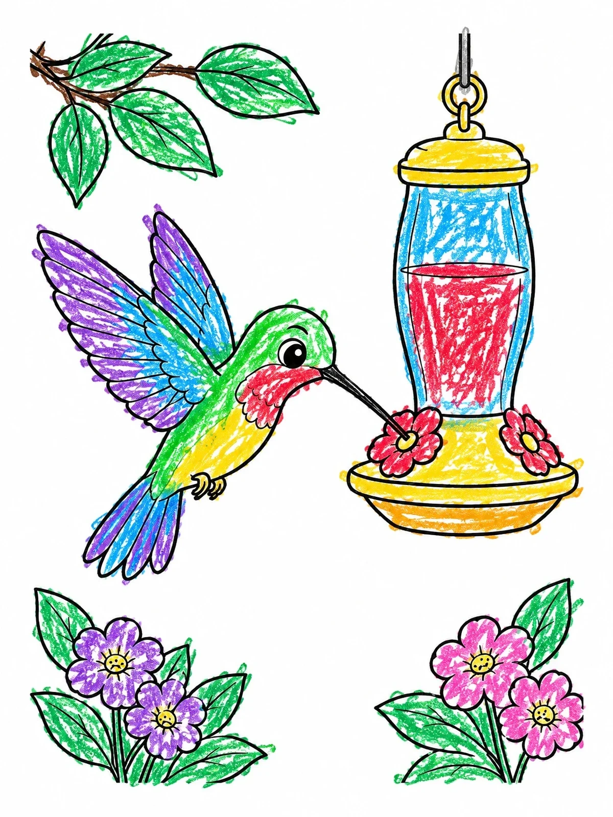 Colored example of the Cute Hummingbird At Nectar Feeder coloring page