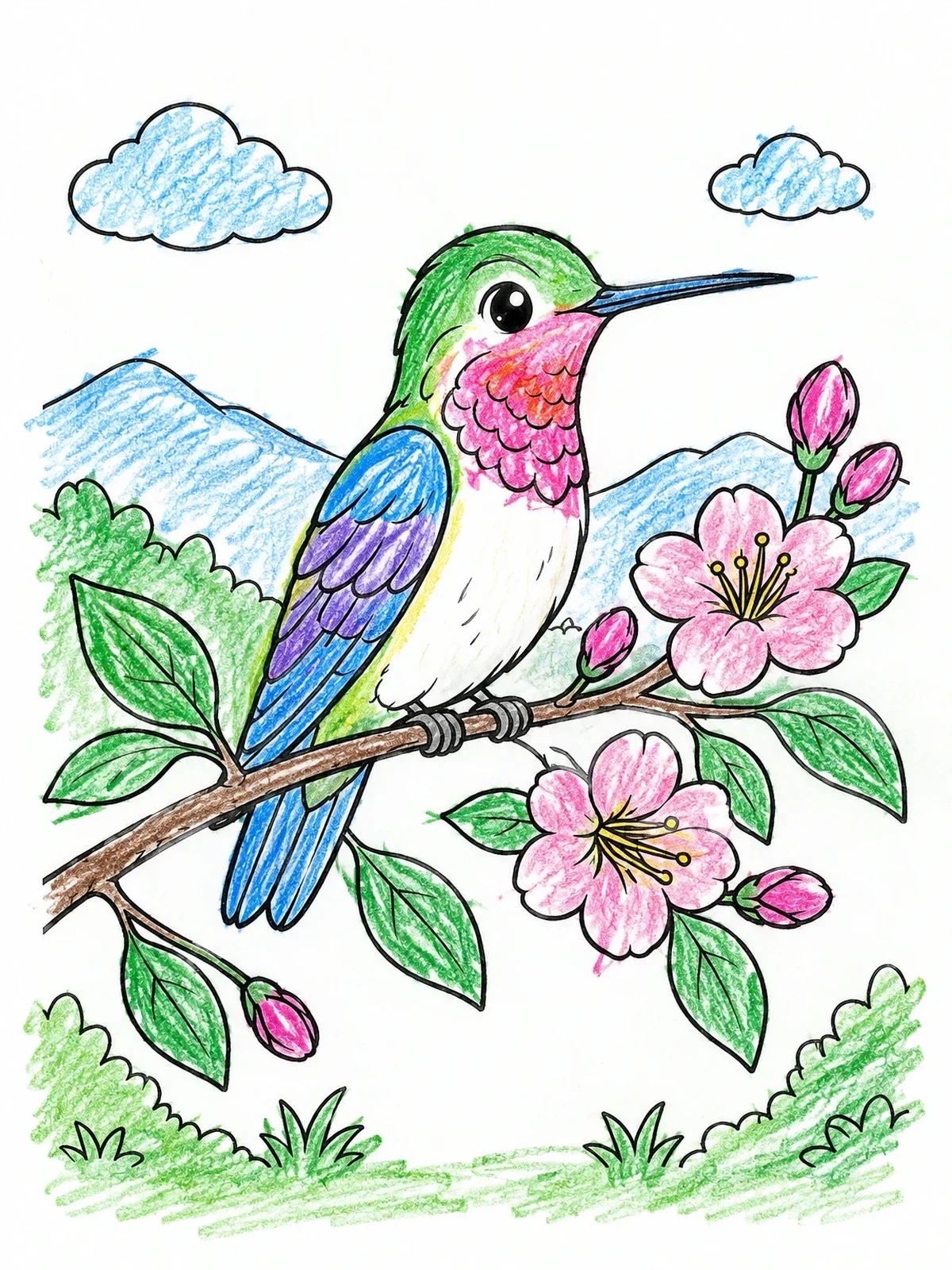 Colored example of the Cute Hummingbird On Flowering Branch coloring page