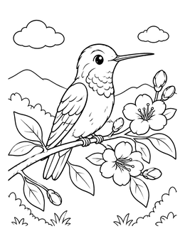 Free printable Cute Hummingbird On Flowering Branch coloring page