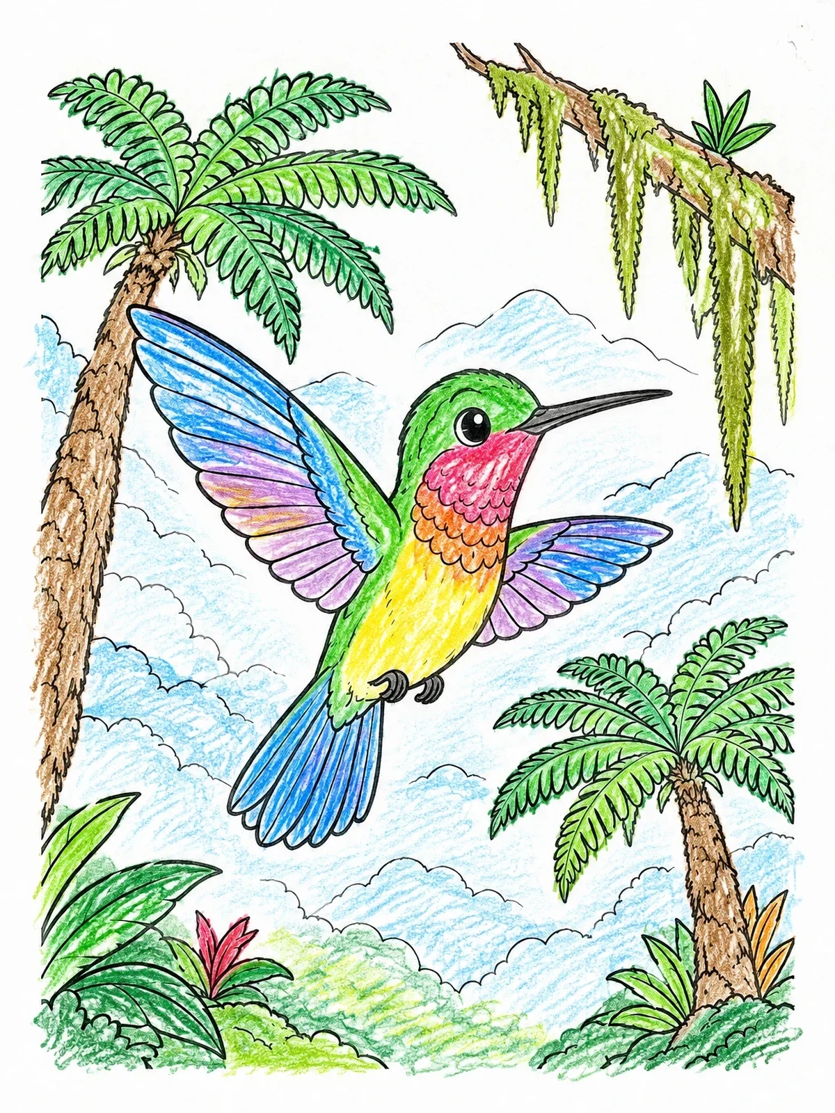 Colored example of the Cute Hummingbird In Tropical Forest coloring page