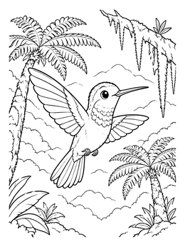 Free printable Cute Hummingbird In Tropical Forest coloring page