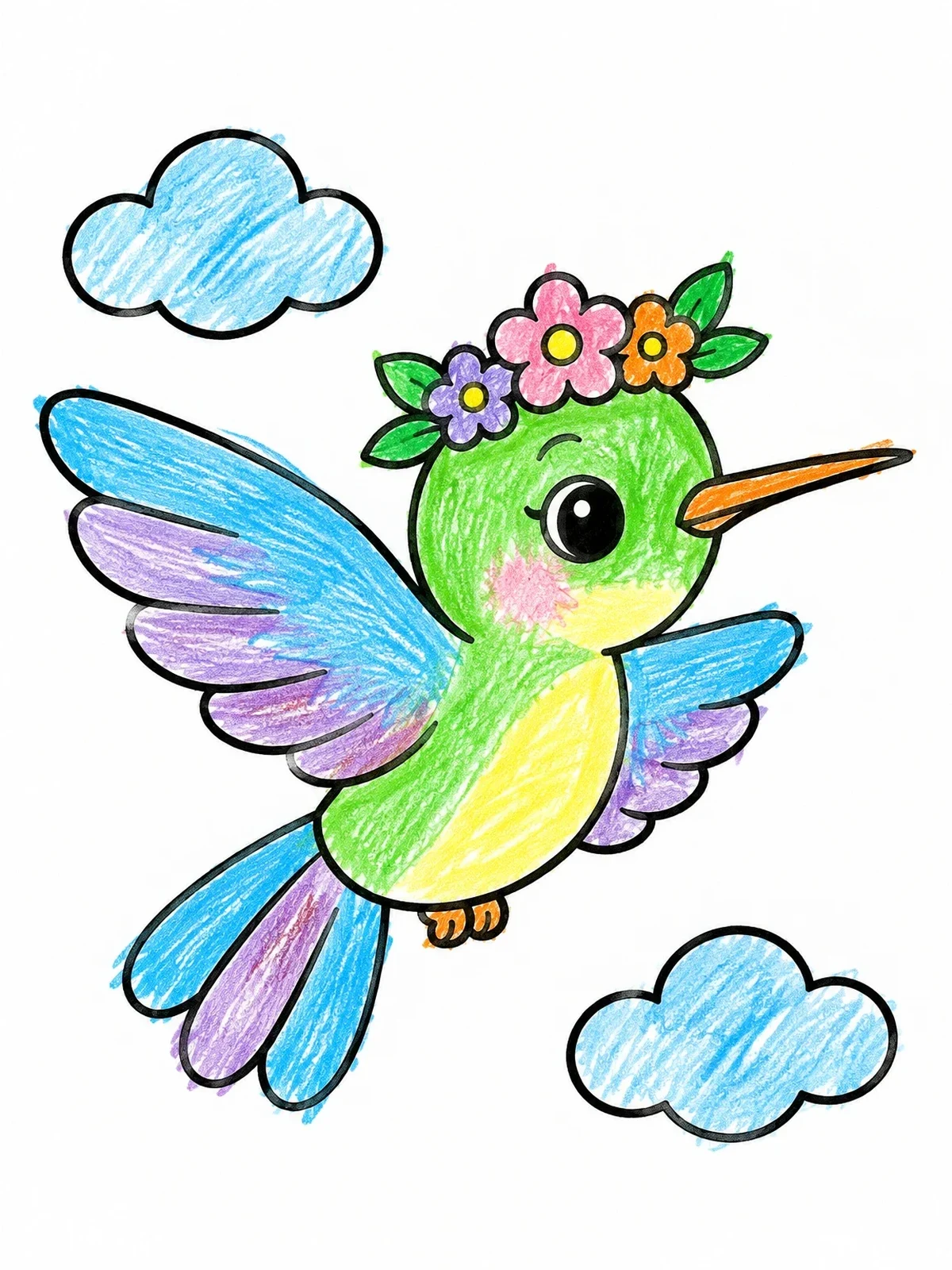 Colored example of the Cute Hummingbird With Flower Crown coloring page