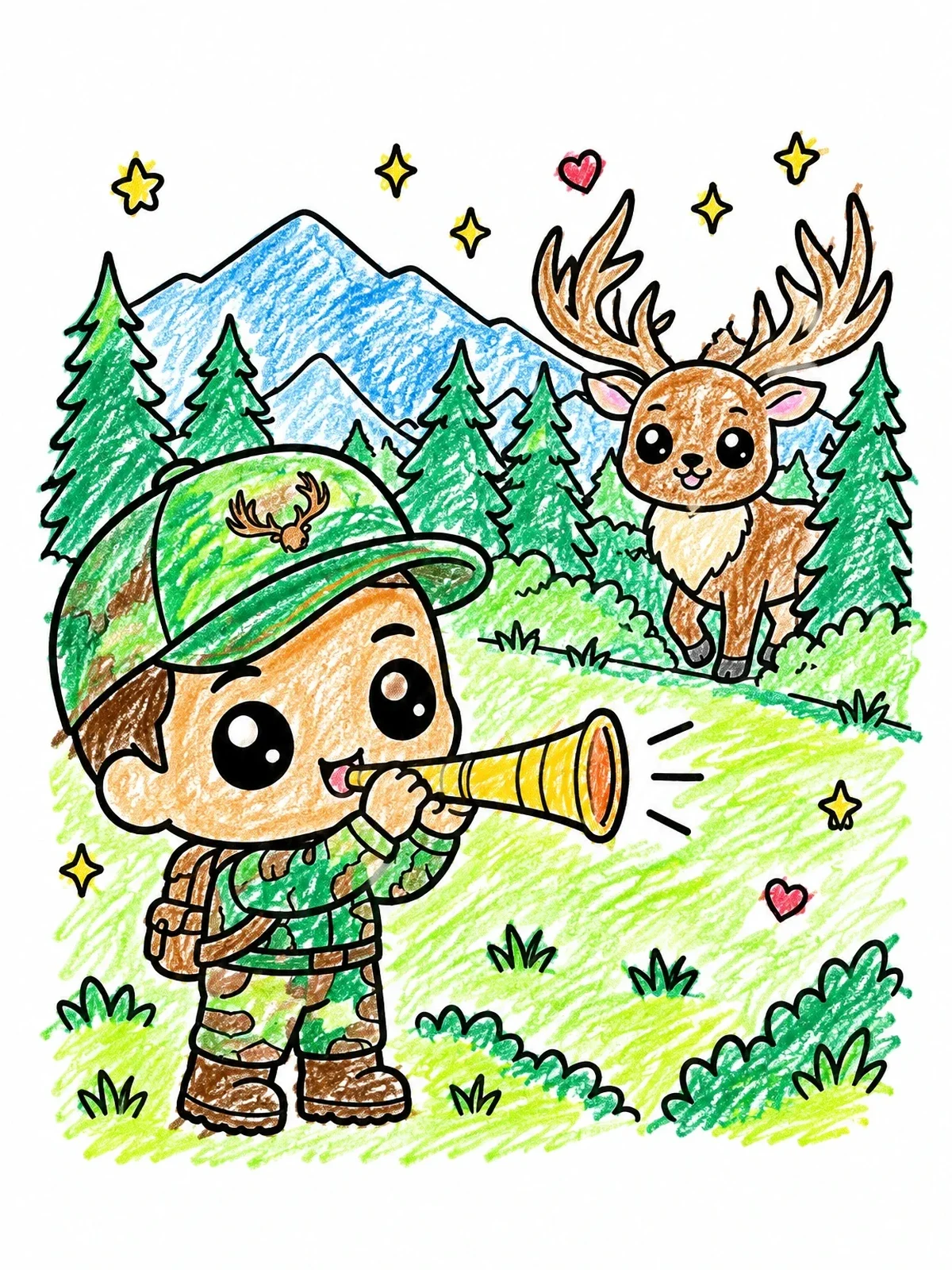 Colored example of the Cute Hunter Calling An Elk coloring page