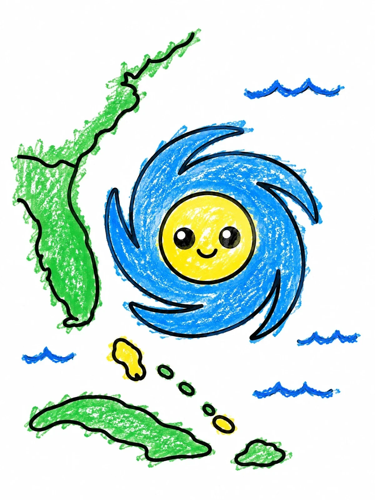 Colored example of the Cute Hurricane Weather Map coloring page