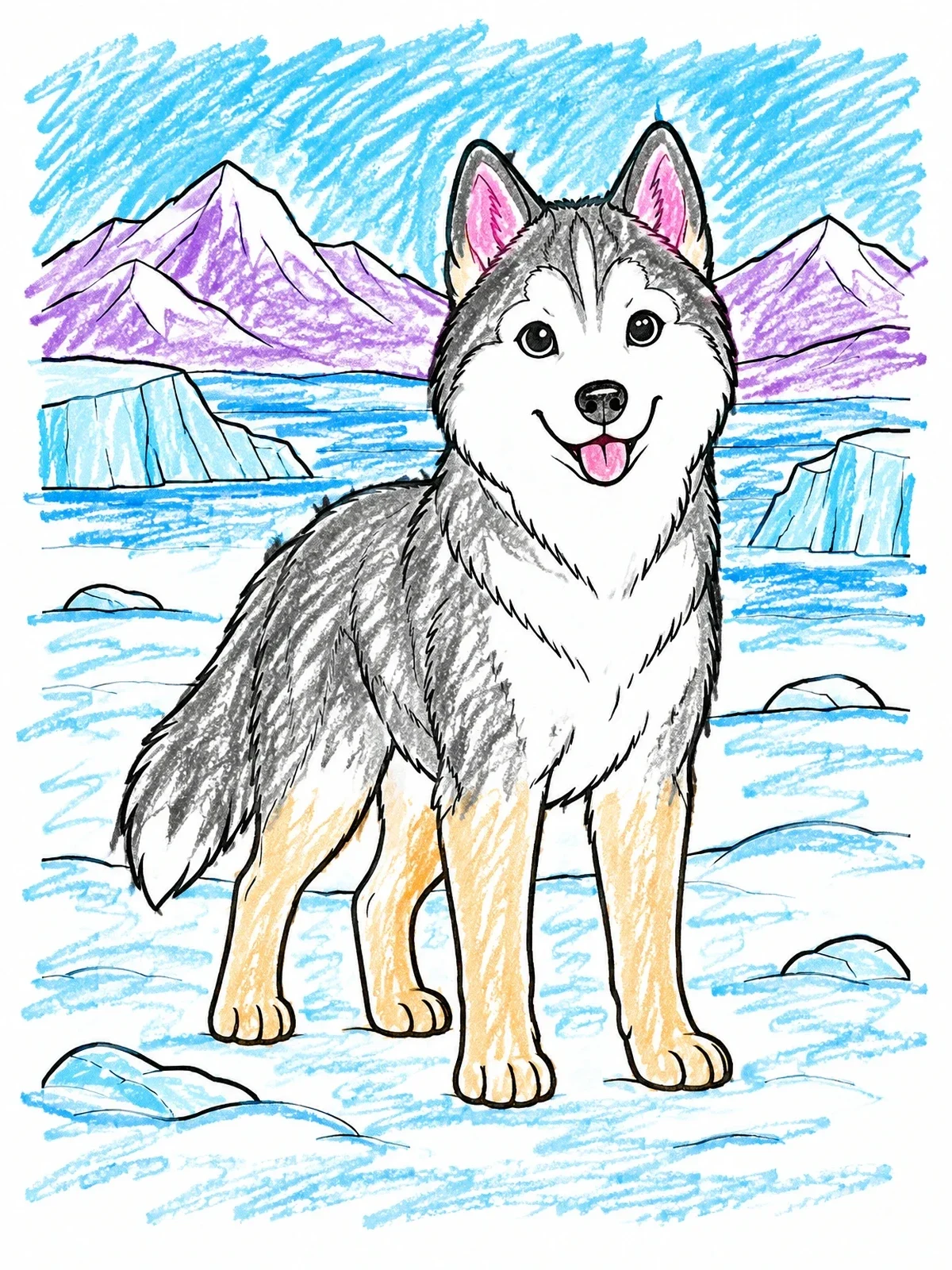 Colored example of the Cute Husky In Arctic Landscape coloring page