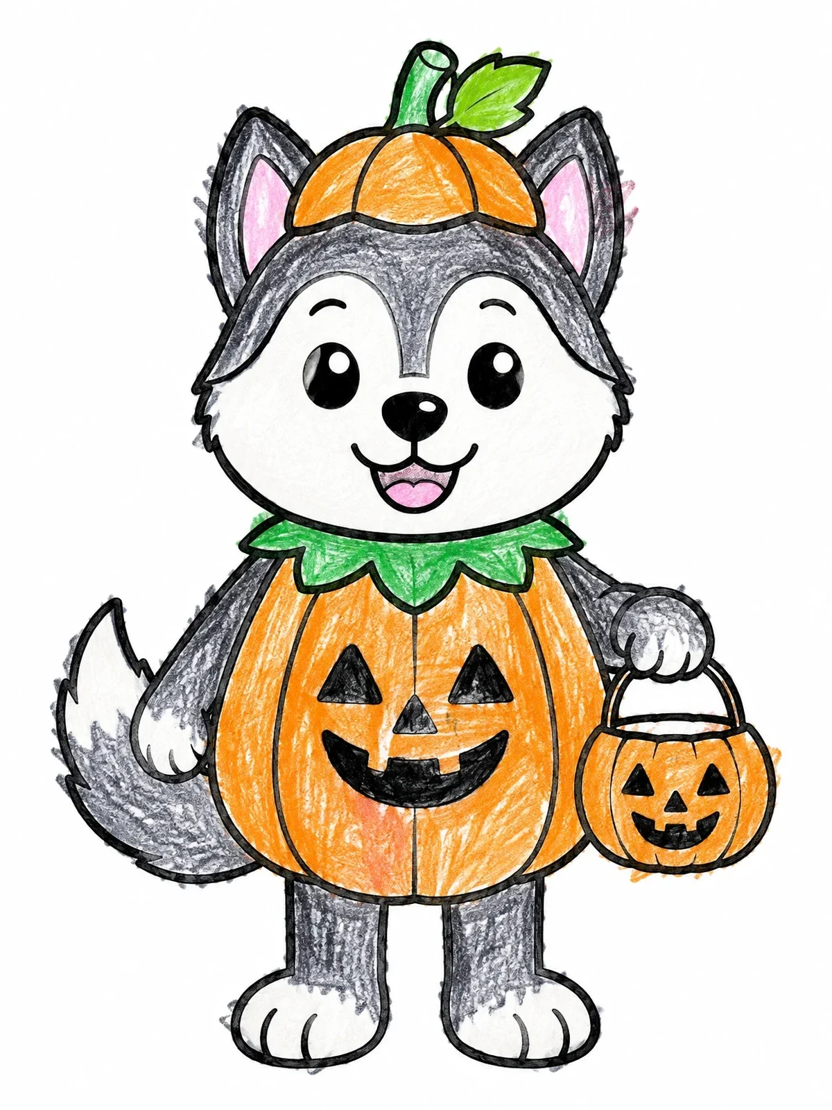 Colored example of the Cute Husky In Pumpkin Costume coloring page