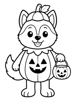 A cute husky coloring page showing a puppy in a pumpkin costume holding a trick-or-treat bucket.