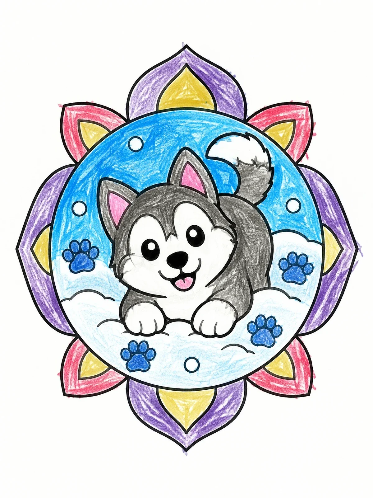 Colored example of the Cute Husky Puppy In Flower Frame coloring page